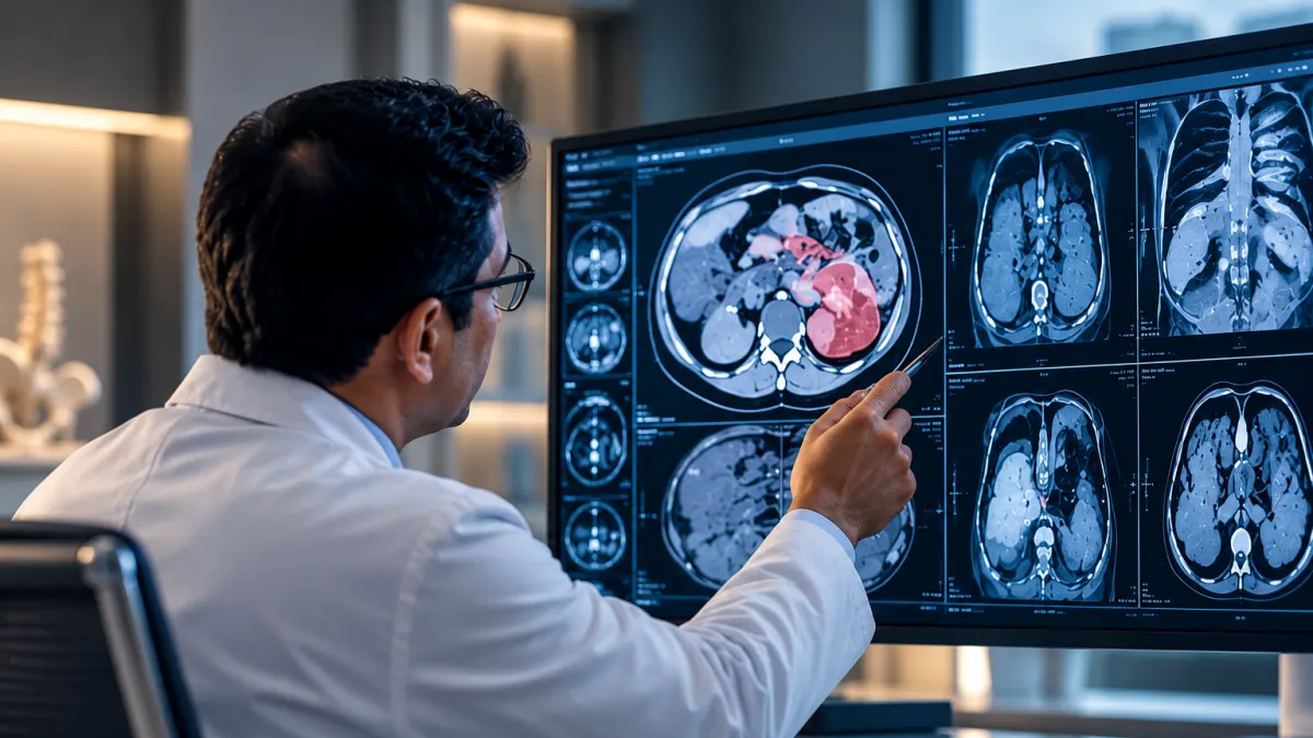 Oncologist reviewing CT scan images for a second opinion