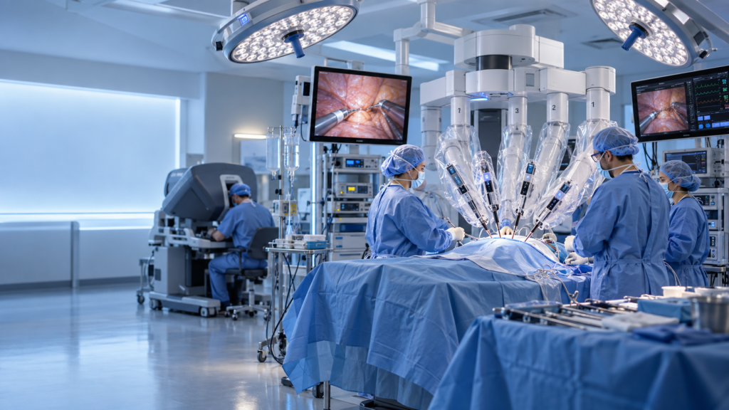 Surgical team performing robotic cancer surgery in a modern operating theatre