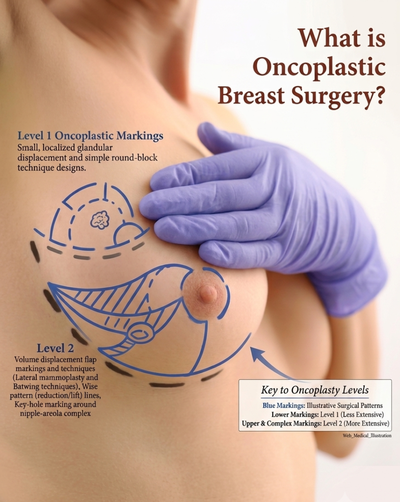 Illustrated surgical markings for Level 1 and Level 2 oncoplastic breast surgery